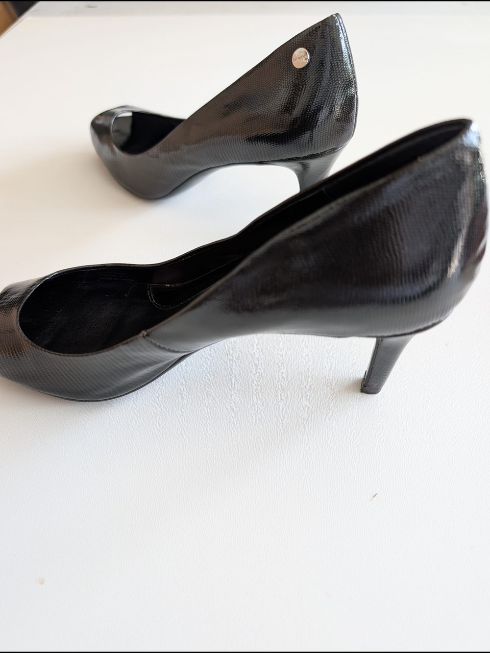 Perfect For Work Or Dinner. Calvin Klein Black Patent Peep-Toe Mid Heels